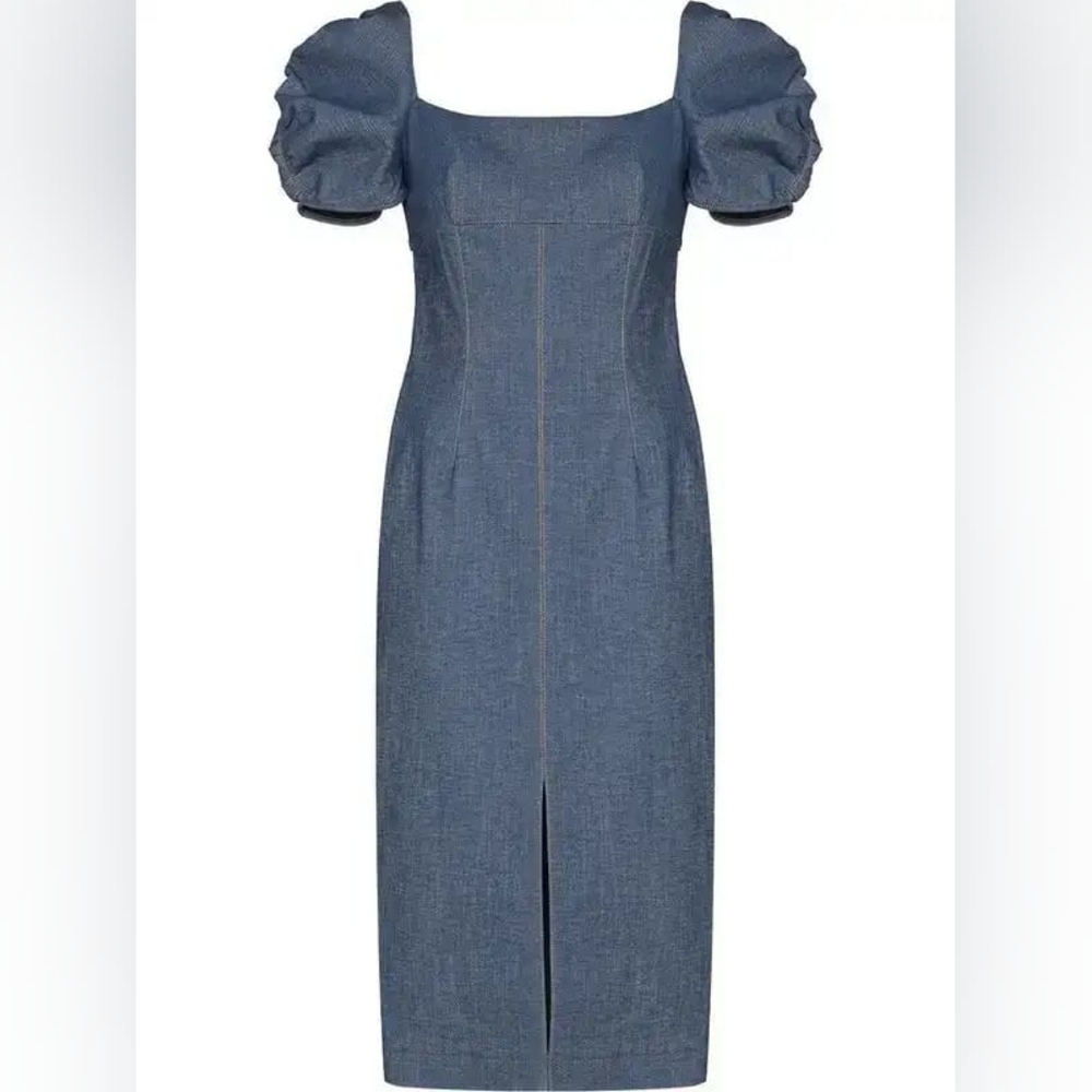 $1,390 NEW W. TAG CAROLINA HERRERA DENIM PUFF-SLEEVE DRESS US 8